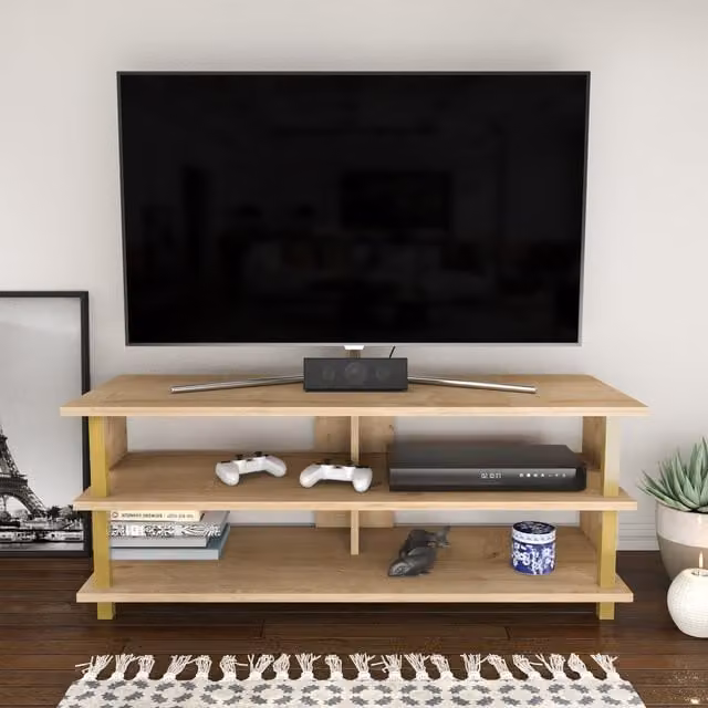 Decorotika Pueblo Modern TV Unit with Shelves in Gold and Oak, W: 120 cm, D: 45 cm, H: 47 cm