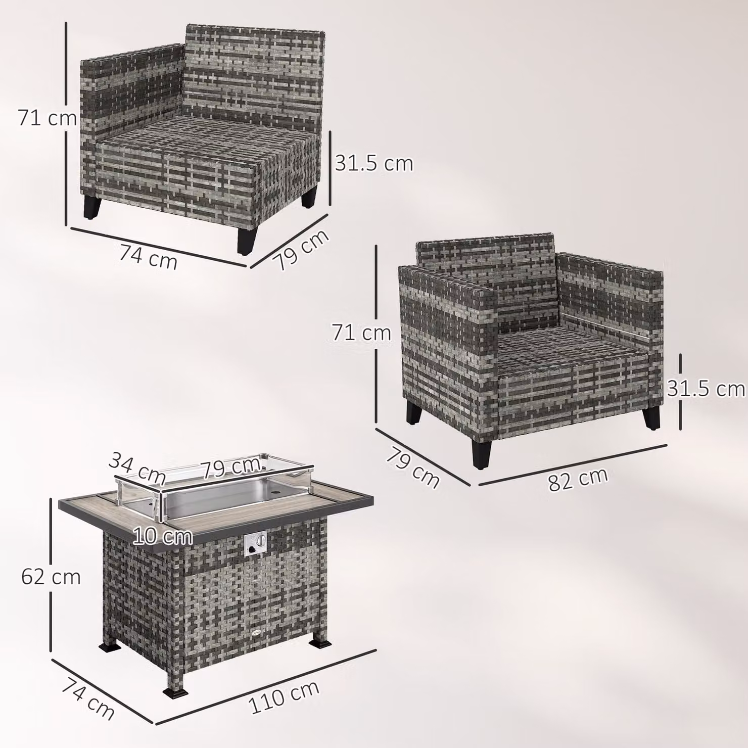 Outsunny 5-Piece Rattan Patio Furniture Set with Gas Fire Pit Table, 2-Seater Sofa, Armchairs and Cushions in Grey – 3