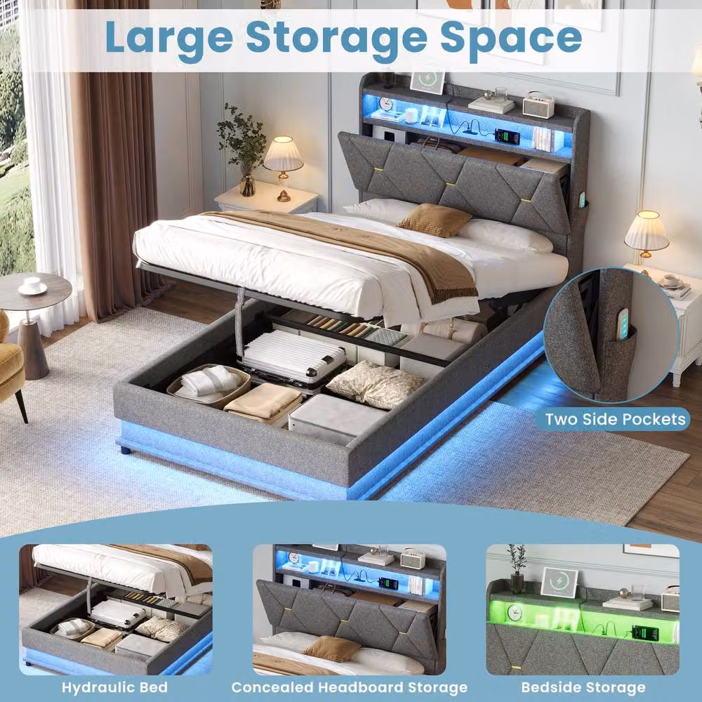 BTM Single Hydraulic Storage Bed with LED Under-Bed Lighting and USB Charging Port, Grey Upholstered Fabric – 2