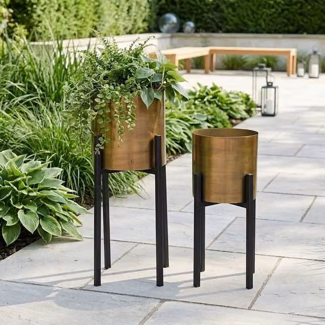Garden Greatness Duo Iron Planter Pots with Stand in Gold, Black and Multicolour
