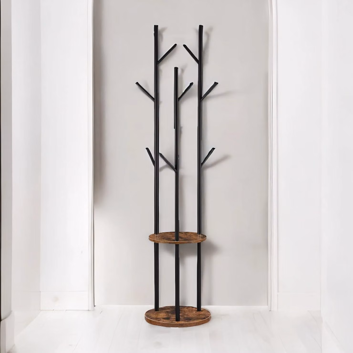 Rafaelo Mobilia Industrial Rustic Coat Stand with 2 Shelves in Dark Brown, H 175 x W 40 x D 40 cm – 2