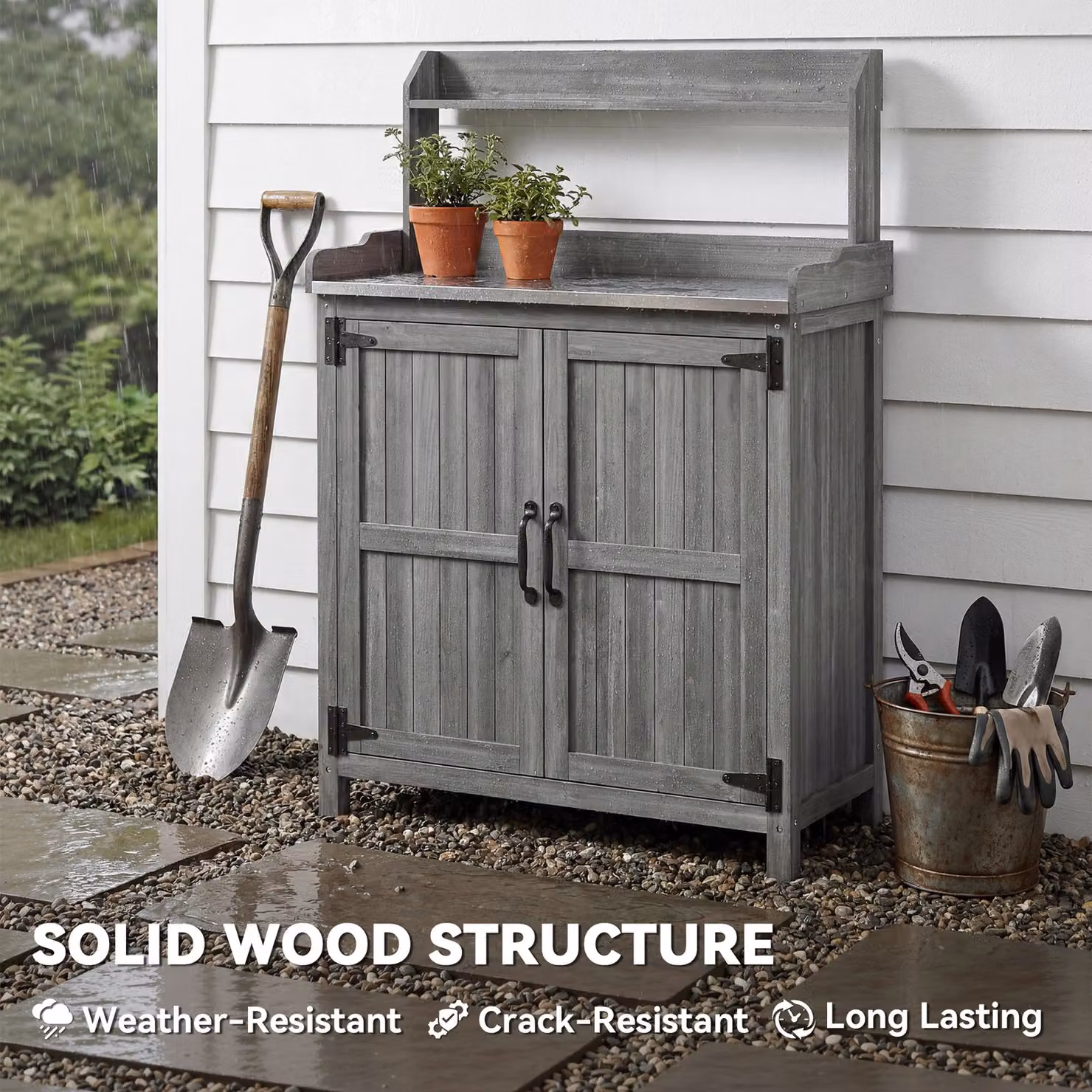 Outsunny Wooden Potting Bench Table with Aluminium Worktop, Grey Outdoor Garden Workbench with Top Shelf and Cabinet Storage – 5