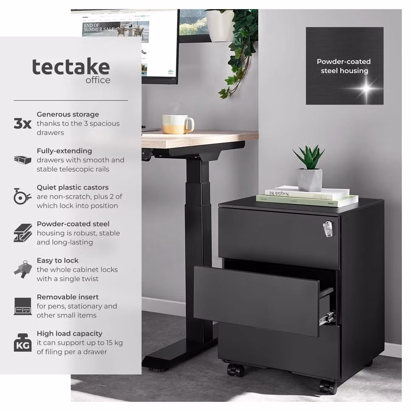 tectake Magna Modern Black Metal Chest of Drawers with Lock and Castors – 2