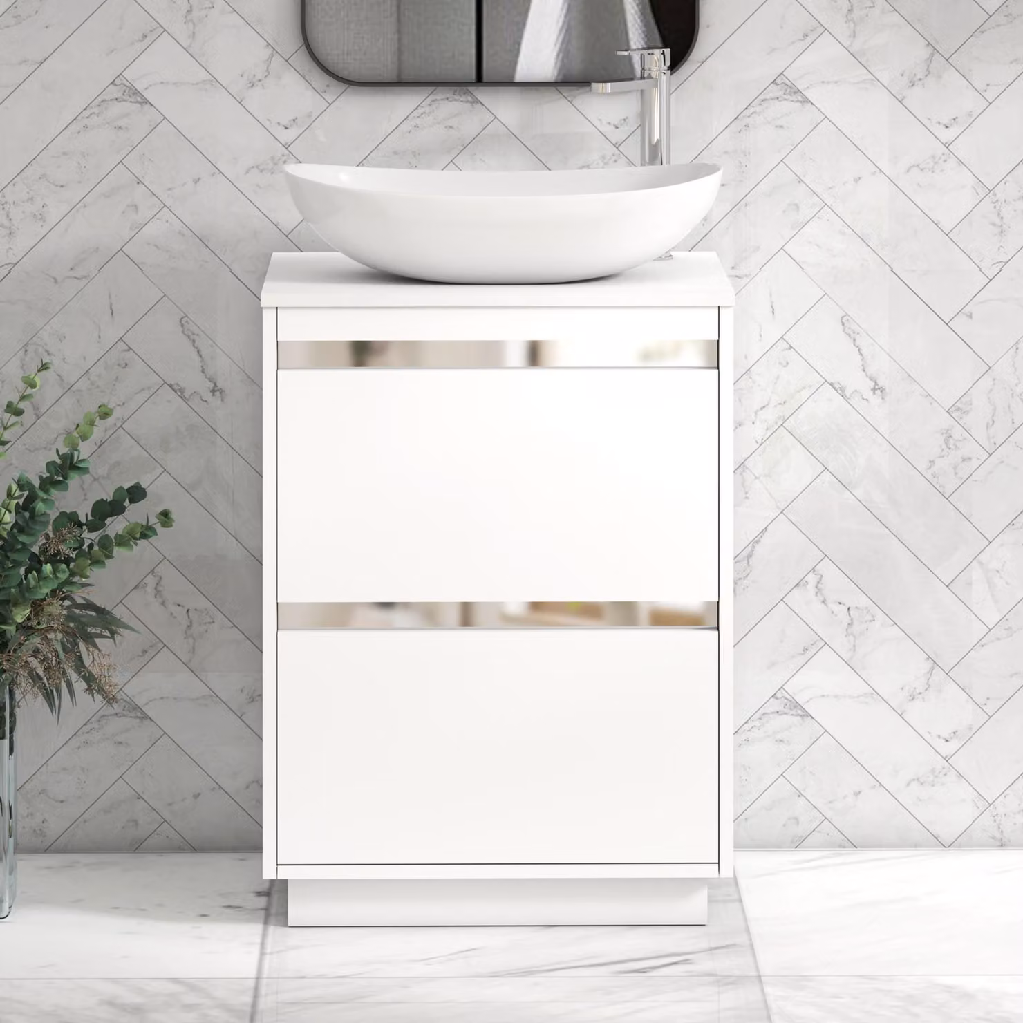Royal Bathrooms Orion 600mm Matt White Floor Standing 2 Drawer Vanity Unit with Cesar Basin and Chrome Accent Trim
