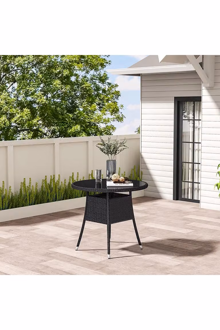 Living and Home 4 Seater Garden Dining Table in Black Wicker with Tempered Glass and Parasol Hole, W/D/H: 72.5 x 80.0 cm