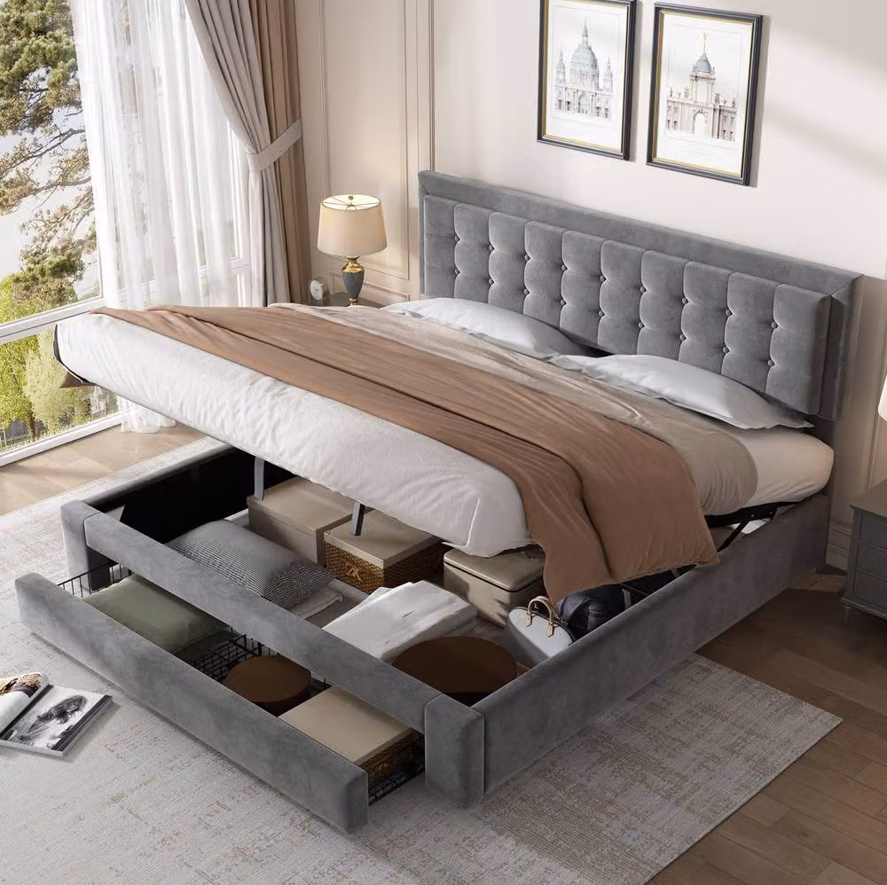 STILVORA Super King Upholstered Bed with Lift Up Storage, Grey Velvet, 200 x 200 cm – 2
