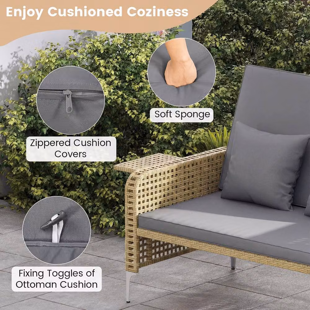 Costway 2-Piece Grey PE Rattan Patio Daybed Set with Adjustable Backrest and Outdoor Fabric – 6