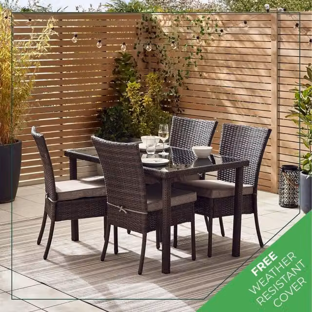 FurnitureboxUK Modern Rattan Outdoor Dining Set with Glass Top and 4 Chairs in Brown, Black or Grey