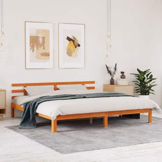 Berkfield Home Solid Wood Pine Bed Frame in Wax Brown, 200 x 200 cm