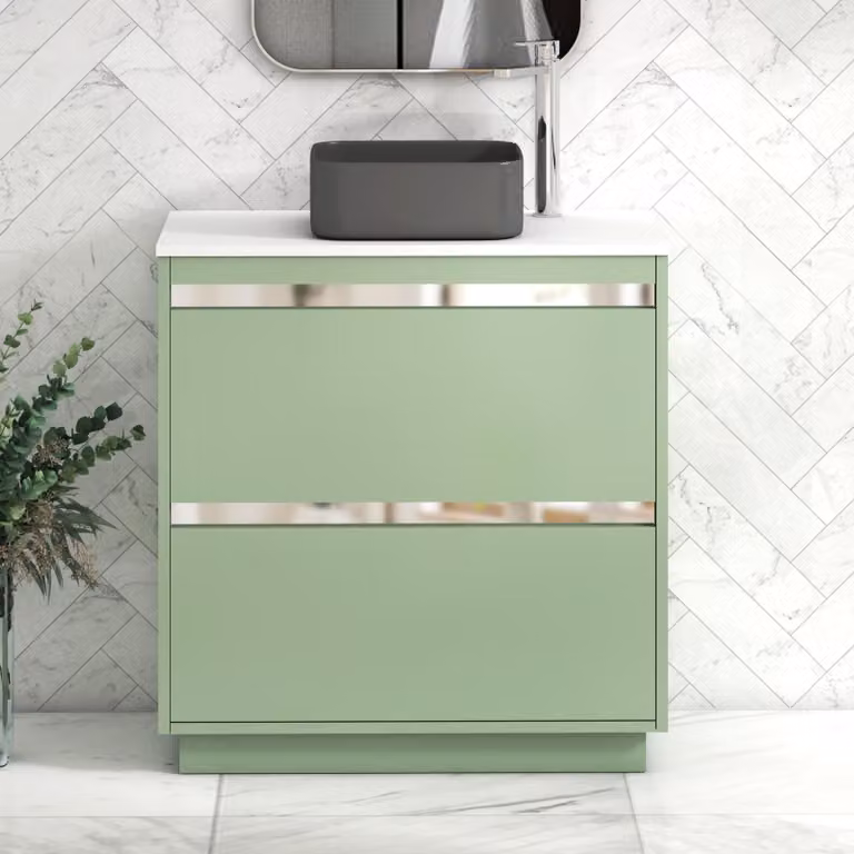 Royal Bathrooms Orion 800mm Mint Sage Floor Standing 2 Drawer Vanity Unit with Art Square Basin and Chrome Accent Trim