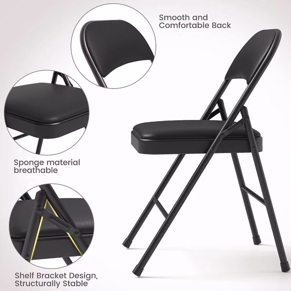 London Boutique Set of 4 Black Synthetic Leather Folding Chairs with Padded Cushions – 4