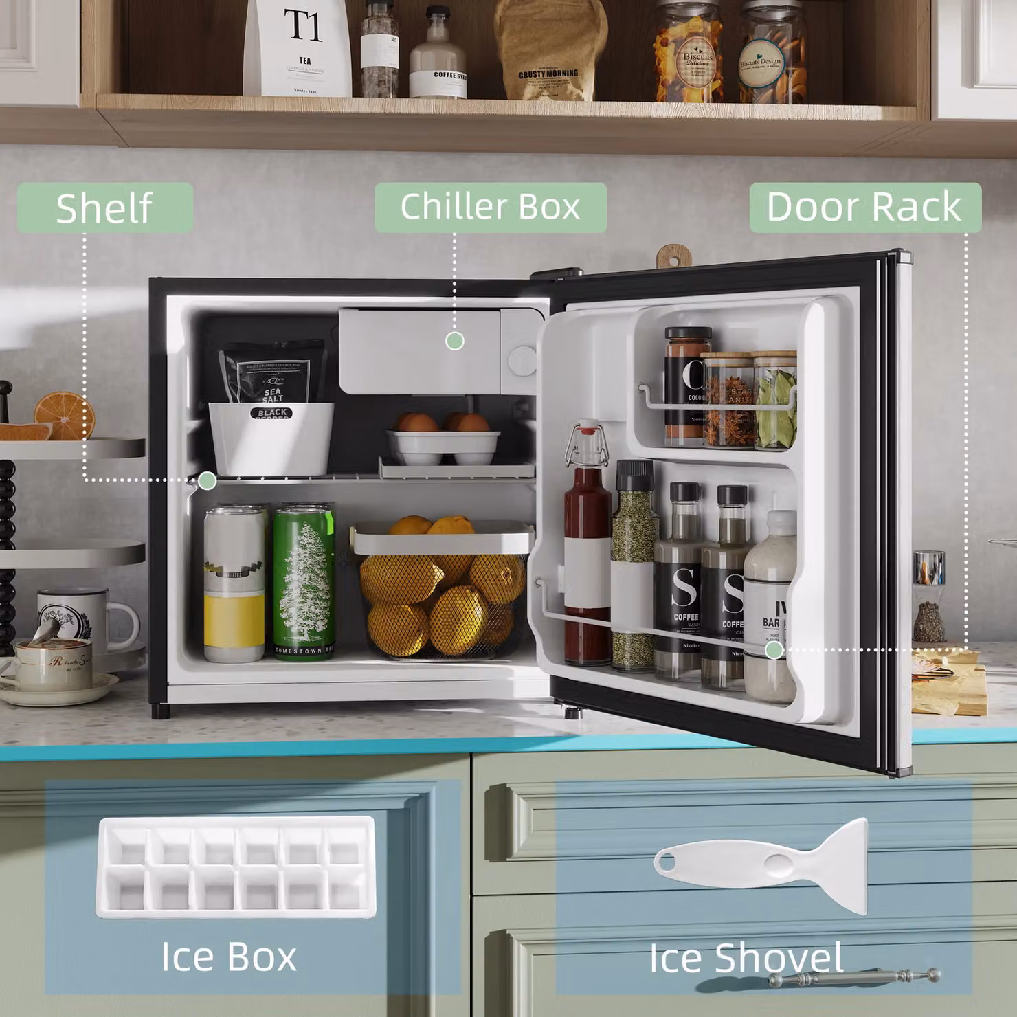 HOMCOM 46L Silver Countertop Mini Fridge with Chiller Box and Reversible Door – 4