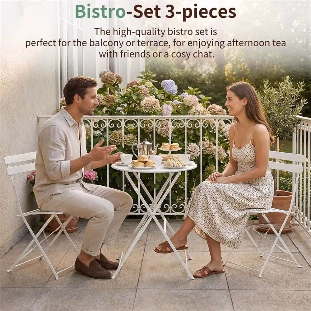 PAWNORA 3-Piece White Metal Folding Bistro Set for Garden, Balcony or Terrace – 4