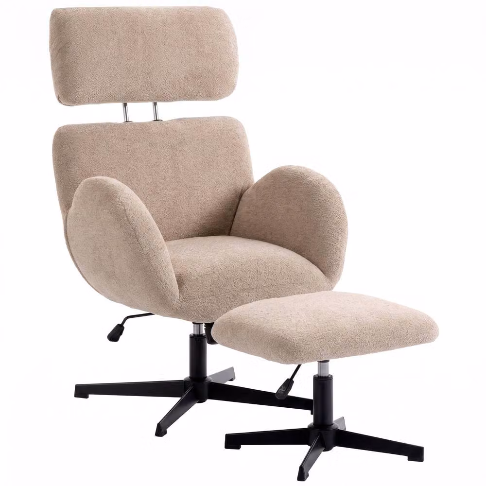HOMCOM Swivel Armchair with Ottoman in Brown Bouclé Fabric – 2