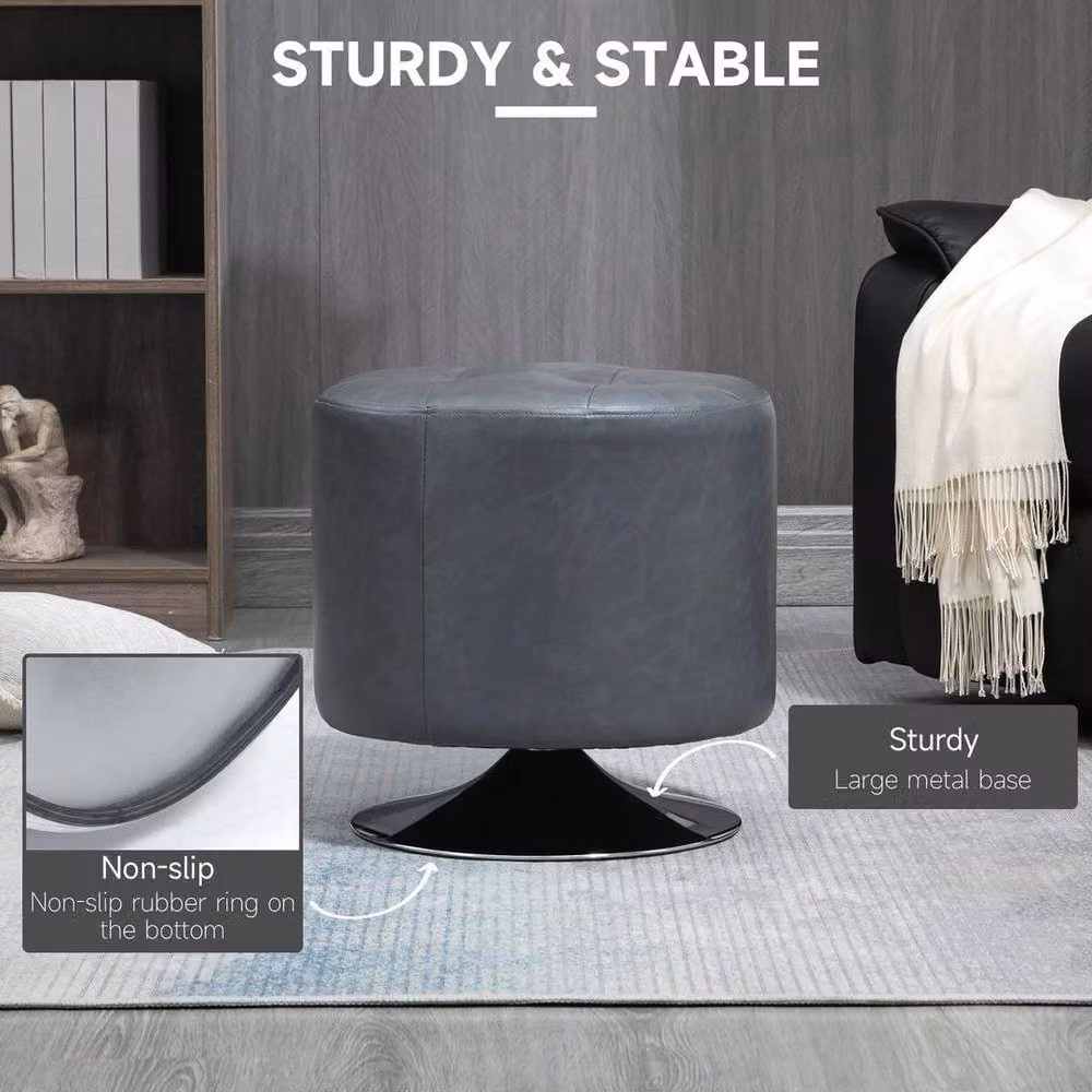KORVIXA 360 Degree Swivel Round Footstool in Grey Synthetic Leather, W: 70 cm, H: 65 cm – 4
