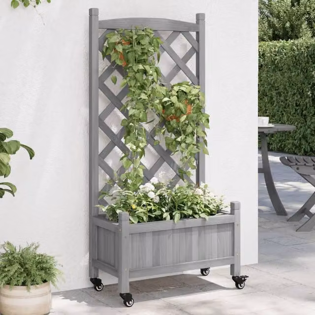 Berkfield Home Grey Solid Fir Wood Planter with Trellis and Wheels