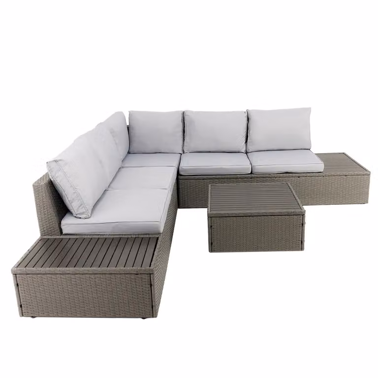 Charles Bentley Grey Rattan and Polywood L-Shape Corner Lounge Set with Cushions and Ottoman