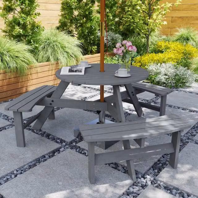 Outsunny Modern Grey Round Wooden Garden Table with Benches
