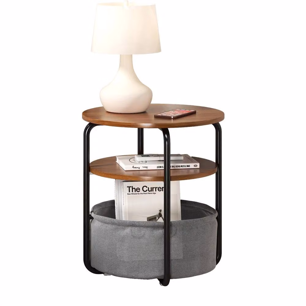 VOGREX 3-Tier Round Side Table with Removable Fabric Basket in Grey and Brown – 4