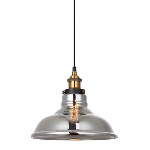 Netlighting Industrial Hanging Pendant in Black and Gold with Smoky Glass Shade, E27 Dimmable