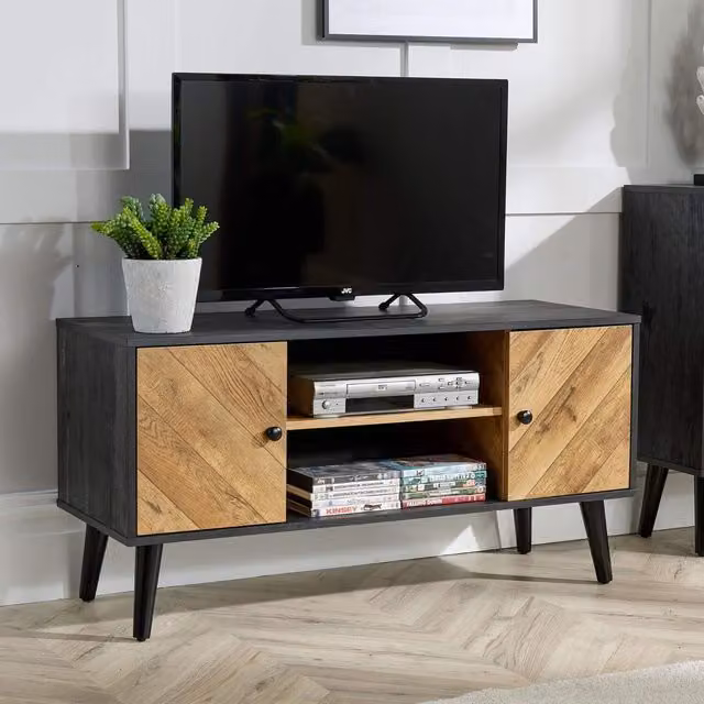 Home Source Dallas 2 Door Herringbone TV Stand Storage Unit in Black