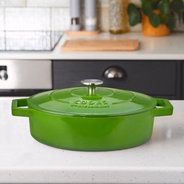 Cooks Professional 28cm Cast Iron Casserole Dish in Green