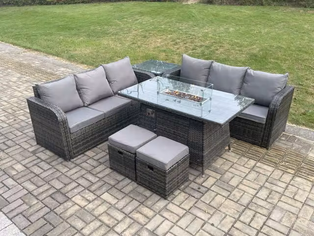 Fimous 8 Seater Rattan Garden Furniture Set with Fire Pit Table in Dark Grey