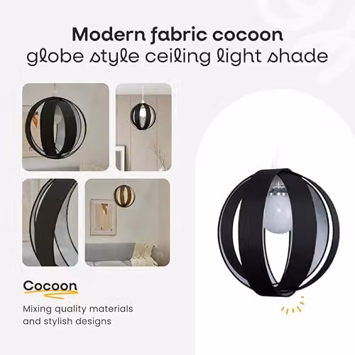 MiniSun Modern Black and Grey Fabric Cocoon Globe Style Ceiling Light Shade, Width: 29 cm – 2