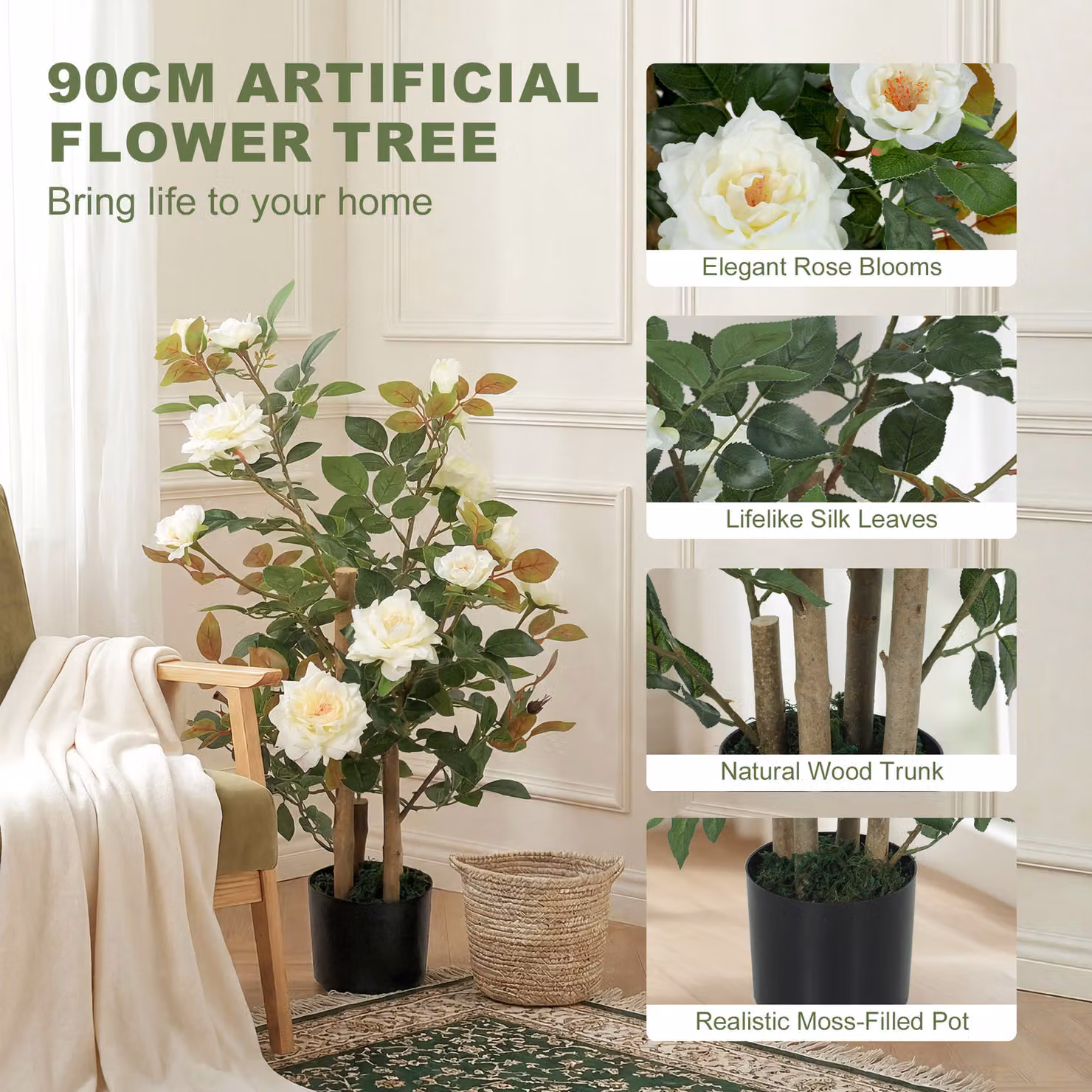 HOMCOM White Artificial Rose Tree with 344 Silk Leaves and 17 Flowers, Height: 90 cm – 3