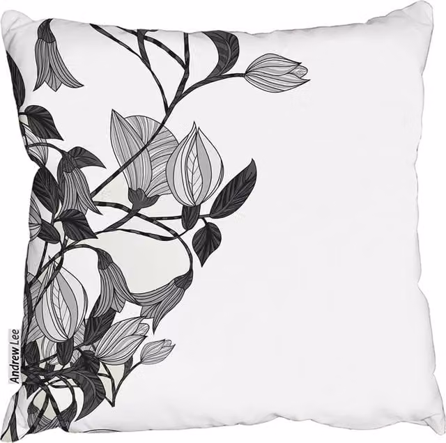 Andrew Lee Black and White Floral Illustration Square Cushion, W: 60 cm x D: 60 cm x H: 60 cm