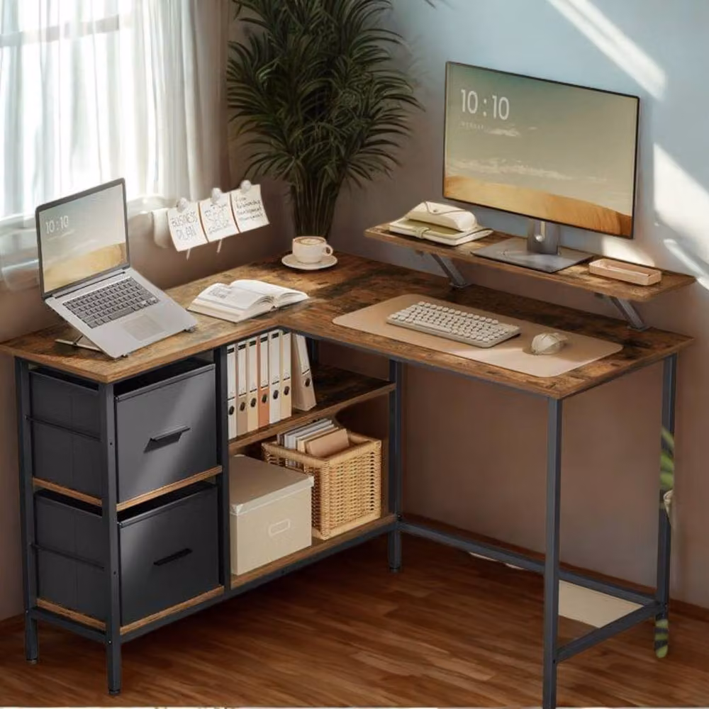 Pirlo Plush Industrial Rustic L-Shaped Corner Computer Desk with Drawers, Brown – 2