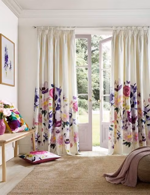 Bluebellgray Taransay Floral Pencil Pleat Curtains, Pink and Multicolour, H: 229 cm x W: 168 cm