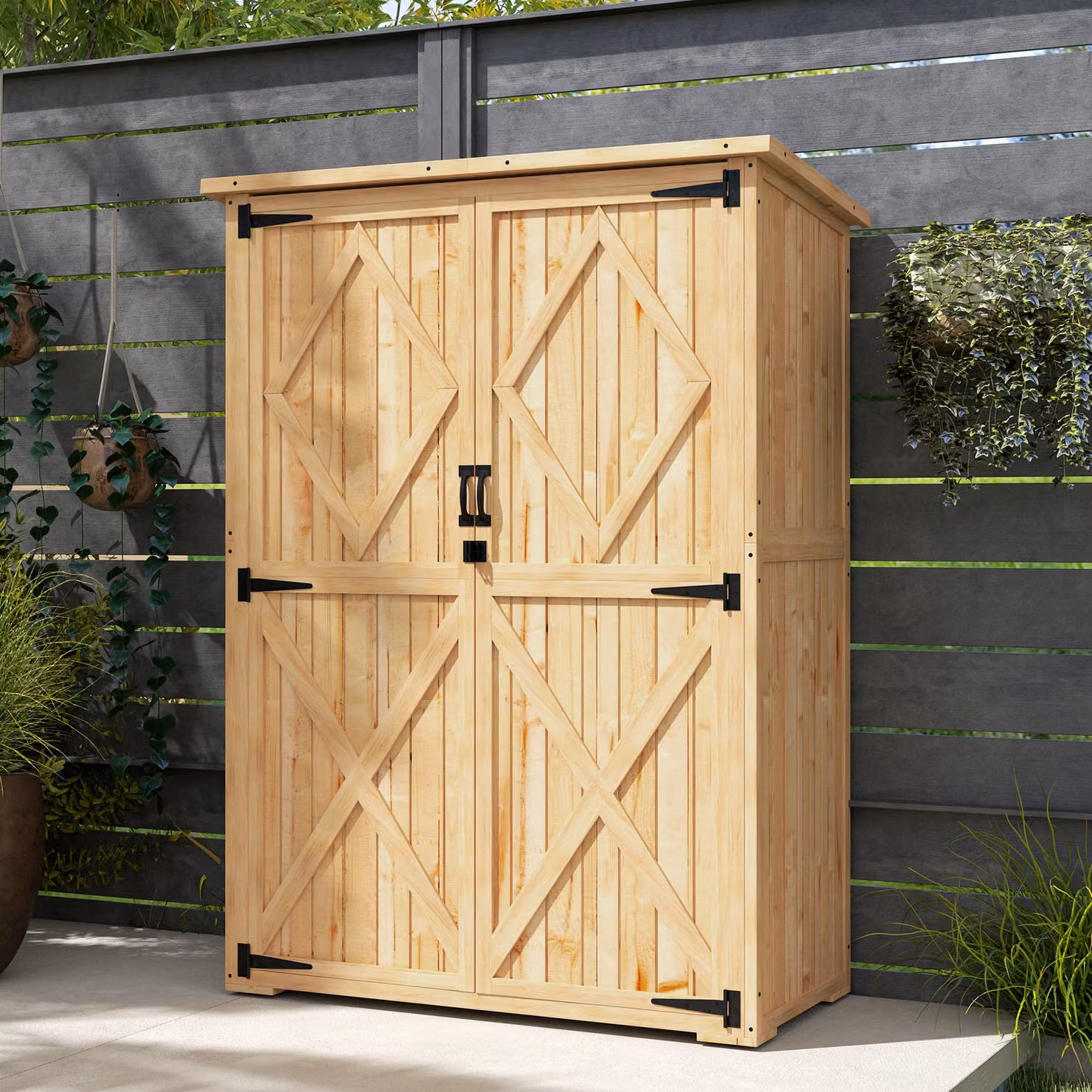 Outsunny Brown Wooden Garden Storage Shed with Double Doors and Internal Shelving, W/D/H: 108.0 x 54.0 x 167.0 cm – 4