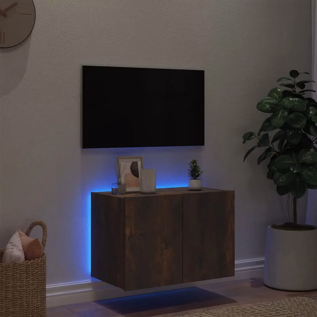 Berkfield Home Modern Wall Mounted TV Cabinet with Integrated LED Lights in Smoked Oak Brown, W: 60 cm, D: 35 cm, H: 41 cm – 4
