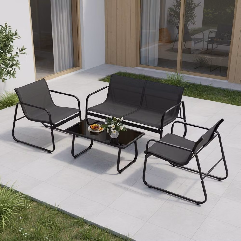 Costway 4-Piece Outdoor Furniture Set in Black with Metal Frame, Upholstered Cushions, 2-Seater Sofa, Armchairs and Coffee Table – 6