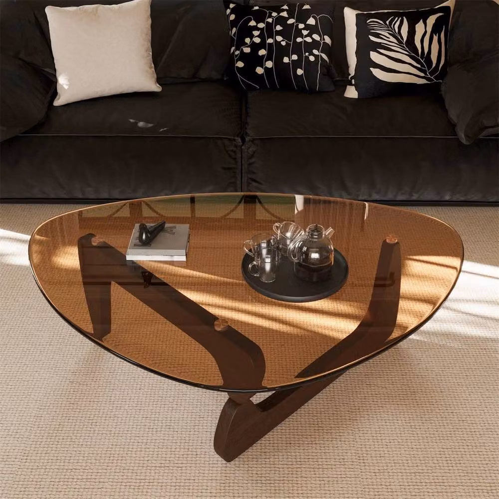 FLAVORA Modern Irregular Glass Coffee Table with Brown Wood Base – 3