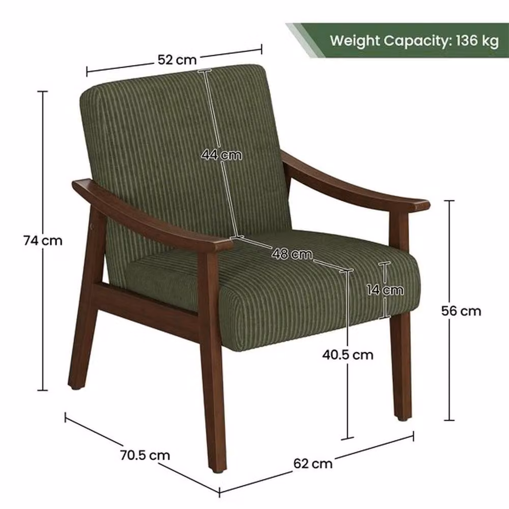 KORVIXA Mid-Century Modern Corduroy Upholstered Accent Chair in Green, W/D/H: 62 x 74 x 100 cm – 2