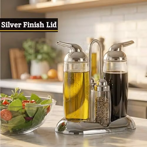 Premier Housewares Vintage Silver and Transparent Glass Oil and Sauce Condiment Pot Set of 4, W: 9 cm, D: 17 cm, H: 18 cm – 3