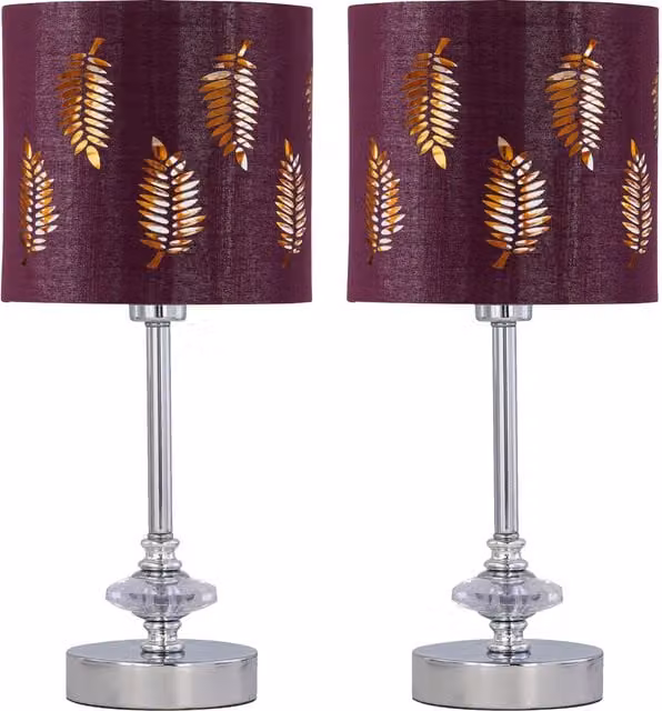 First Choice Lighting Set of 2 Chrome Jewelled Table Lamps with Burgundy Fabric Shades, H 33 cm x W 15.5 cm x D 15.5 cm – 1