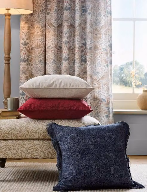 William Morris At Home Marigold Floral Pure Cotton Square Cushion in Blue Mix