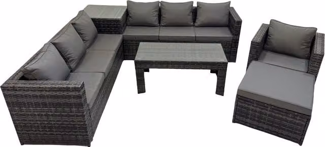 Fimous 8 Seater L-Shape Rattan Garden Furniture Set in Dark Grey with Upholstered Lounge Armchairs, Ottoman and Coffee Table