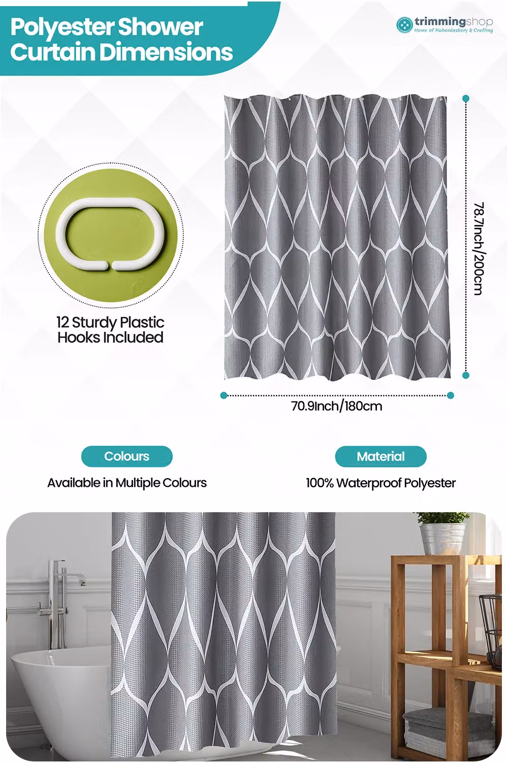 Neel Blue Grey Lattice Design Waterproof Bathroom Shower Curtain with Eyelets, W: 180 cm x H: 180 cm – 2