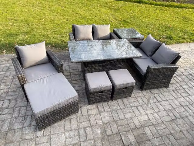 Fimous Outdoor Rattan Patio Furniture Set in Dark Grey with Rising Lifting Table, 3-Seater Sofa, 2-Seater Sofa, Coffee Table and 3 Footstools