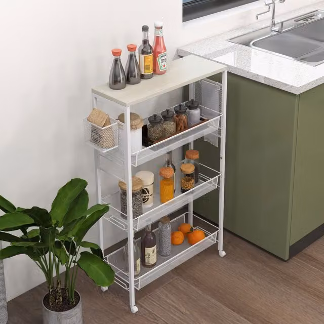 HOMCOM 3-Tier Modern Kitchen Cart with 3 Steel Wire Baskets in White
