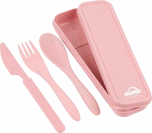 Mimo Pink 3 Piece Matte Plastic Travel Cutlery Set with Case for Adults