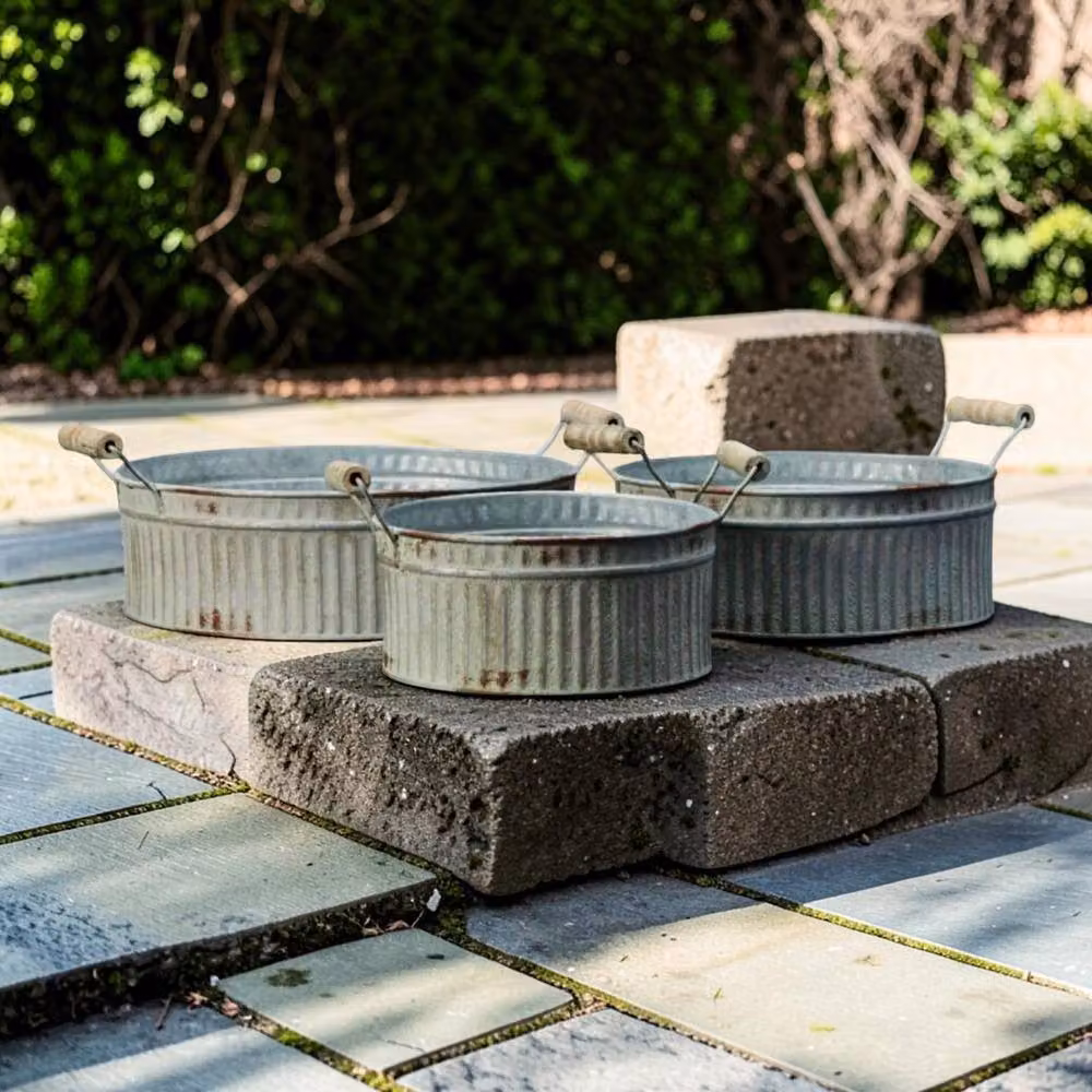 Four Candle Set of 3 Vintage White Ribbed Zinc Planters in Grey – 2