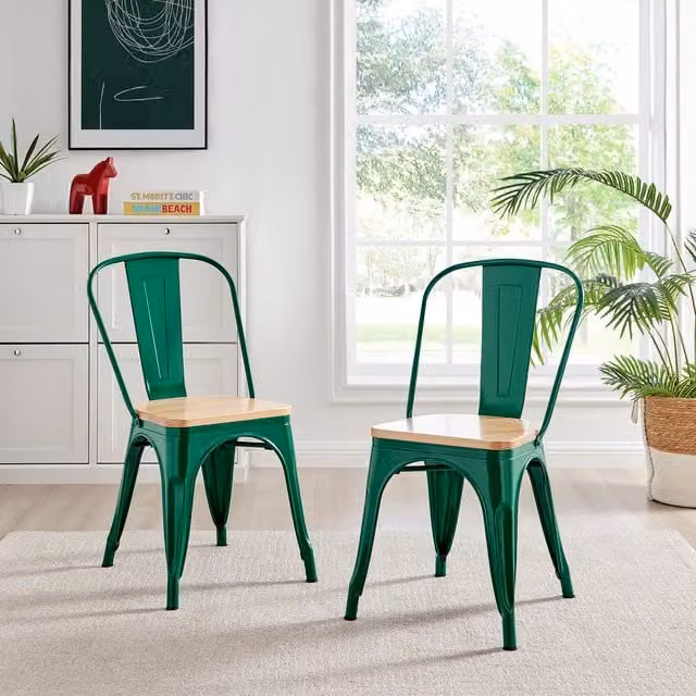 FurnitureboxUK Colton Stackable Tolix Style Industrial Metal and Pine Wood Kitchen Dining Chair, Green