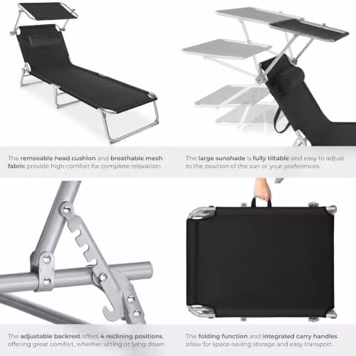 tectake Folding Sun Lounger in Black with Sun Canopy and Adjustable Headrest, W/D/H: 190 x 68 x 111 cm – 7