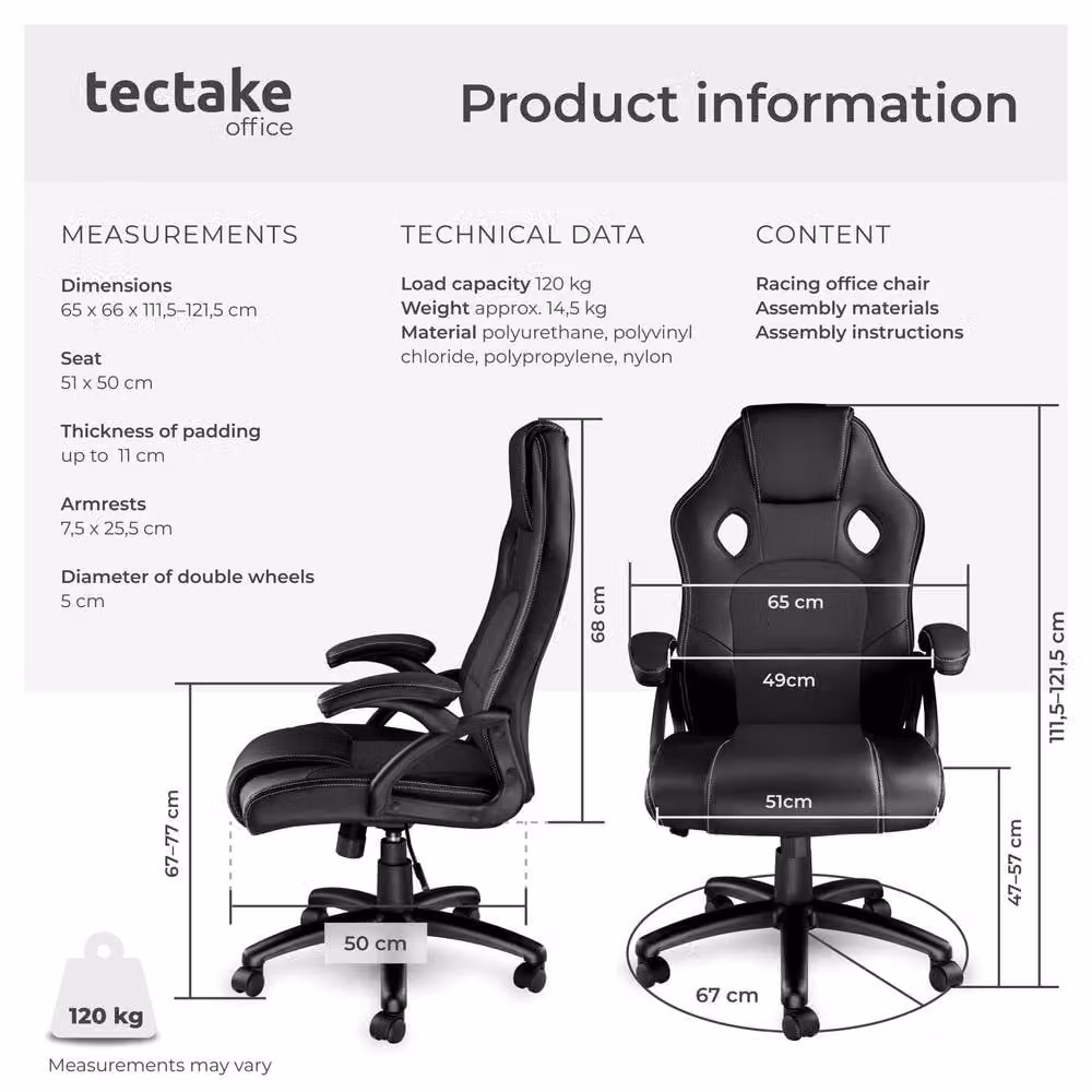 tectake Tyson Ergonomic Gaming Chair in Black with Synthetic Leather and Armrests – 6