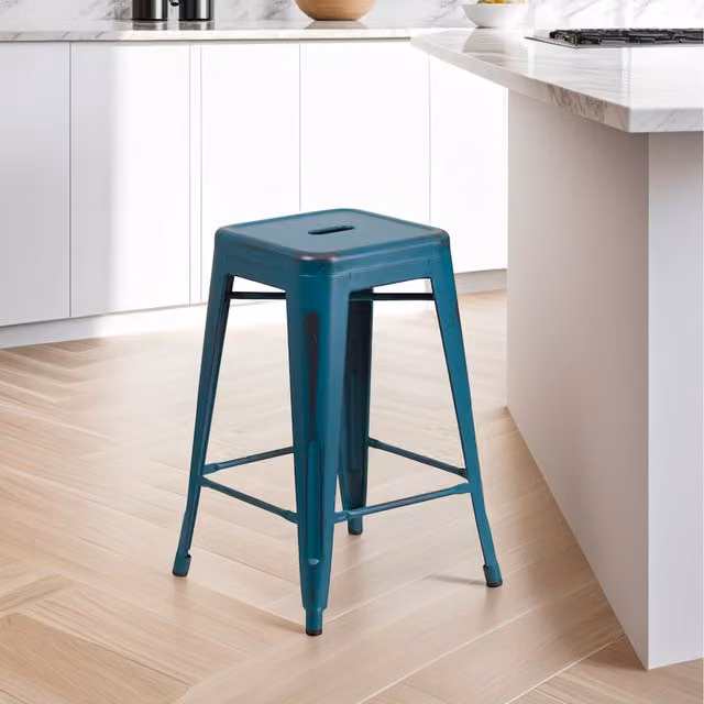 FWStyle Set of 4 Industrial Backless Metal Counter Stools in Petrol Blue, W/D/H: 43 x 43 x 61 cm